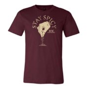 Shows a maroon-colored T-Shirt with the slogan "Stay Spicy" and a hand sprinkling spice