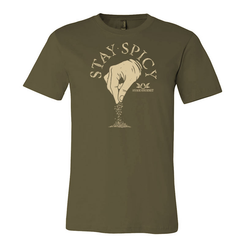 Shows a green T-Shirt with the slogan "Stay Spicy" and a hand sprinkling spice