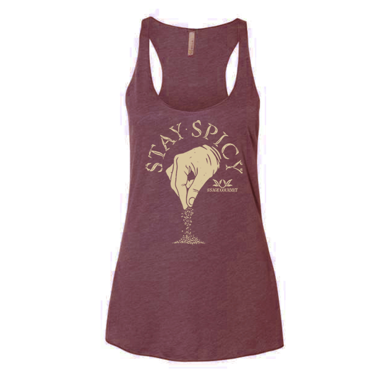 Shows an image of a women's maroon-colored racerback tank top with My Sage Gourmet's Stay Spicy logo which shows a hand sprinkling spices