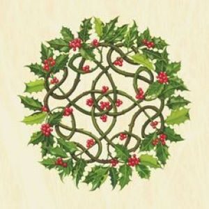 Shows an image of a green Christmas wreath shaped by a Celtic knot