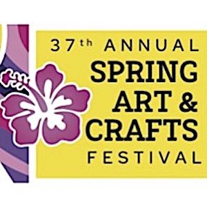 Yellow background with a graphic of a hibiscus flower and the words 37th Annual Spring Art & Crafts Festival